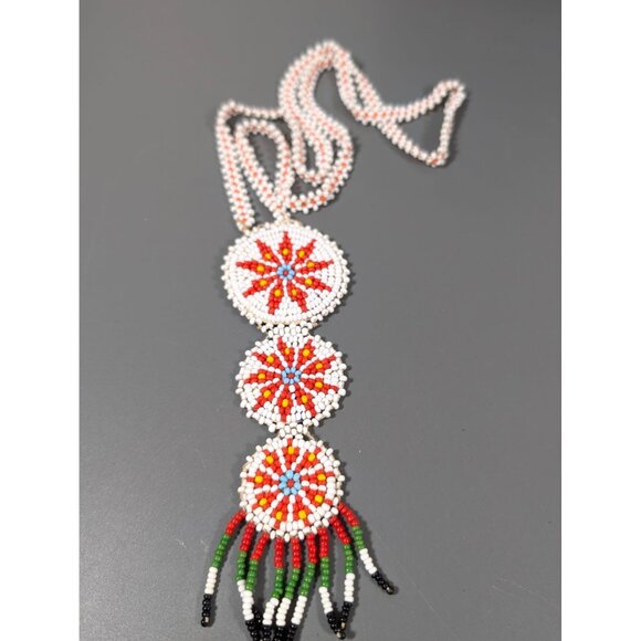 Vintage Native Triple Medallion Seed Bead Necklace Leather Back 24" - Picture 1 of 8